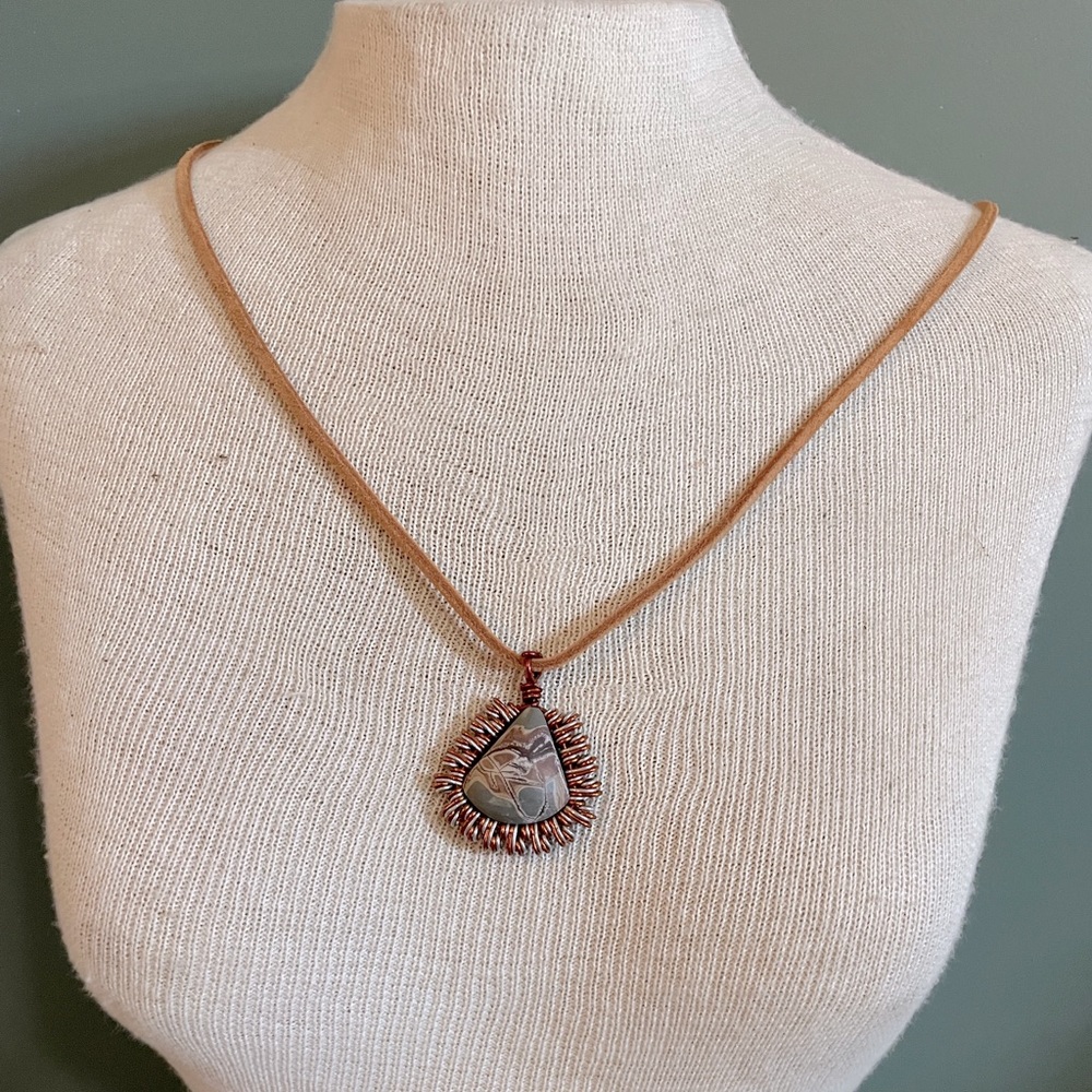 Boho Handmade Wire Wrapped Teardrop Jasper Stone Necklace on Leather Cord
